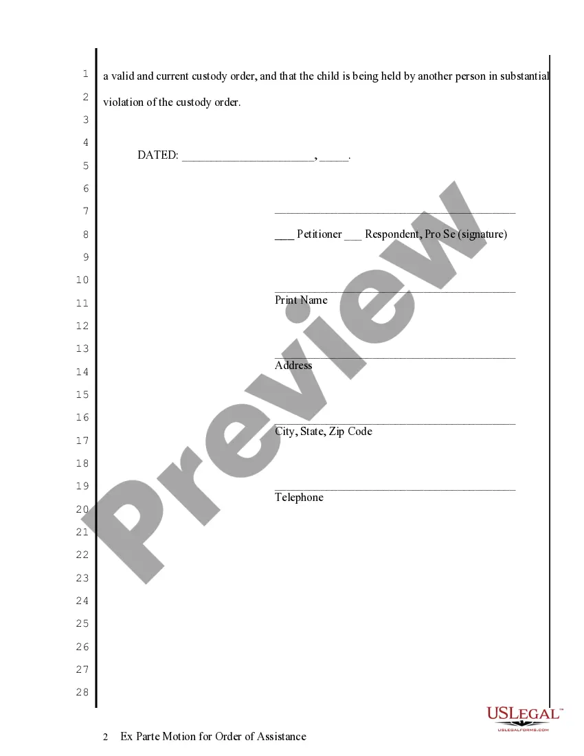 Get Ex Parte Motion for Order of Assistance Preview Ex Parte Motion for Order of Assistance