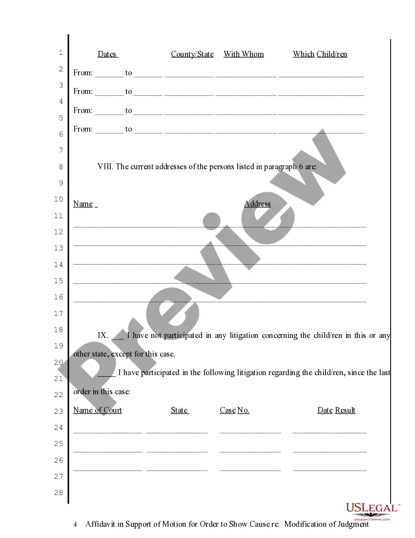 Get Affidavit in Support of Motion to Show Cause regarding Modification of Judgment Preview Affidavit in Support of Motion to Show Cause regarding Modification of Judgment