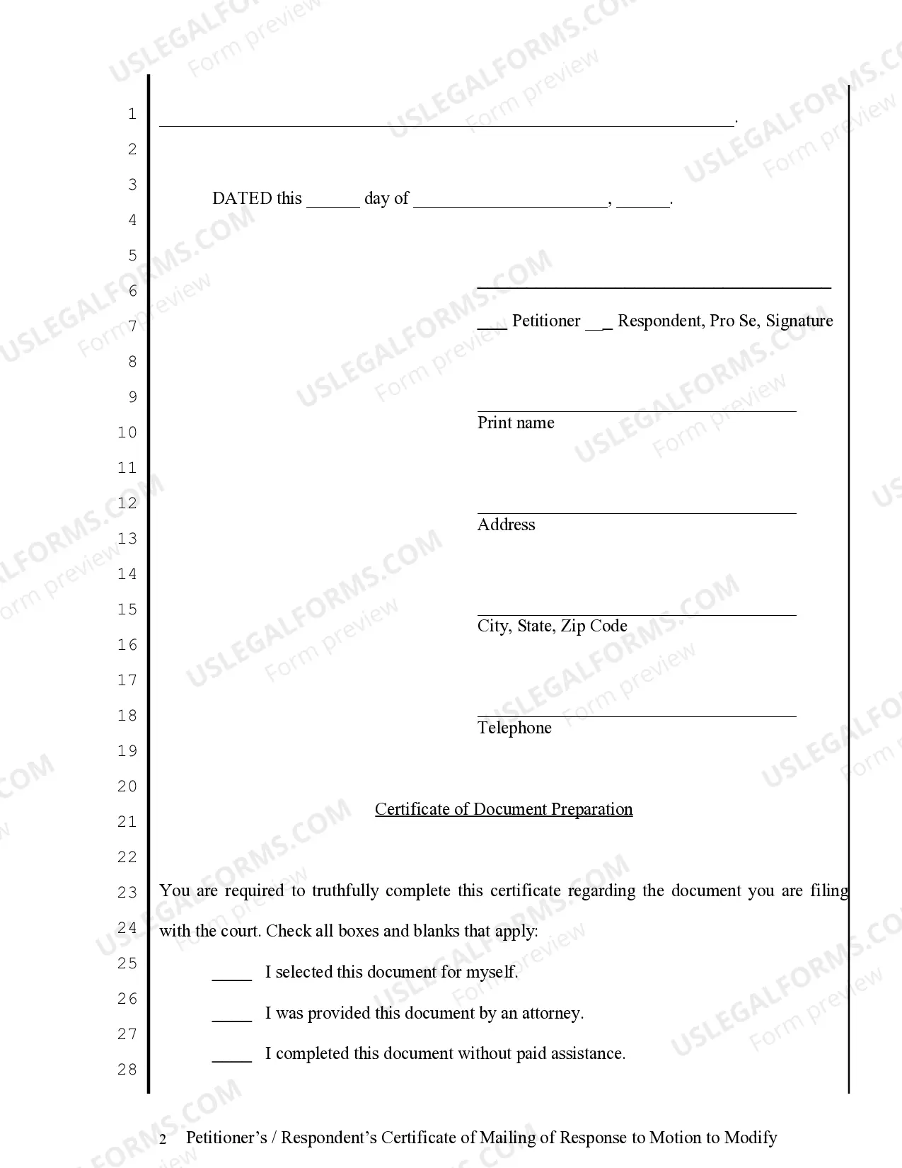 Preview Certificate of Mailing of Response to Motion to Modify