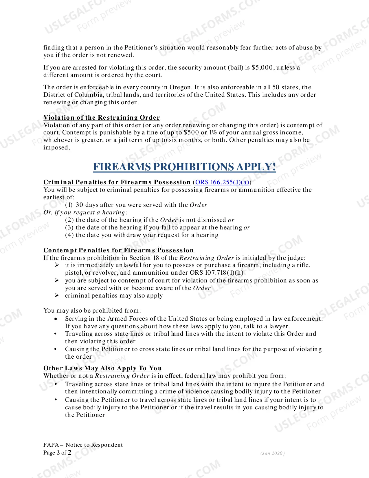 Preview Notice to Respondent under FAPA for Restraining Order