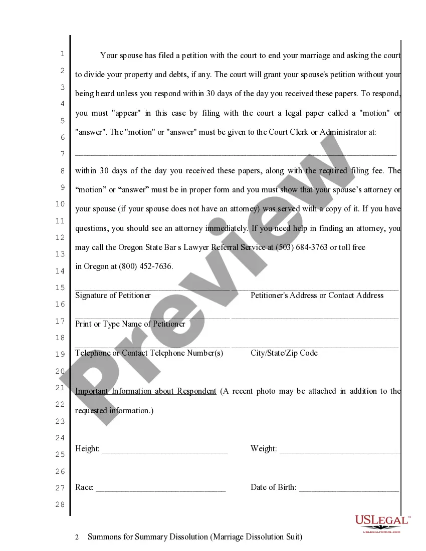 Preview Summons for Summary Dissolution of Marriage