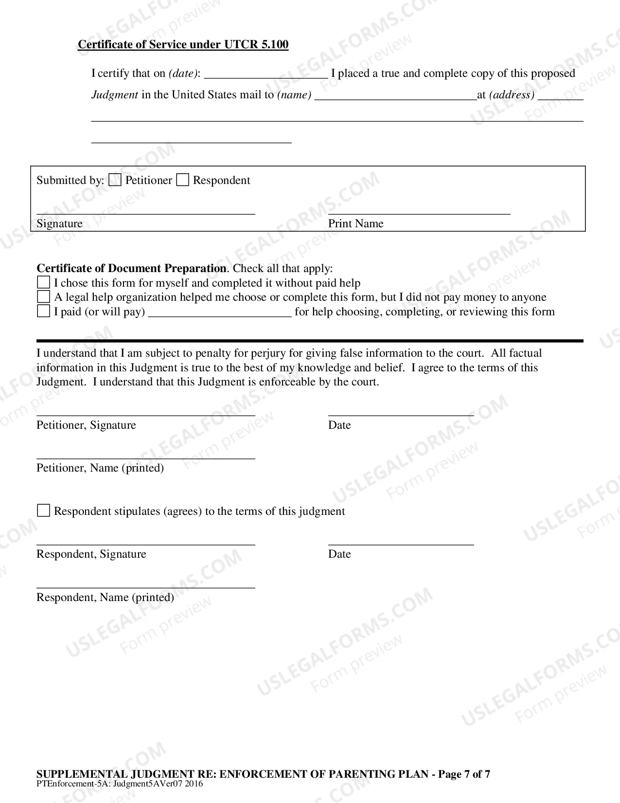 Preview Judgment regarding Enforcement of Parenting Plan