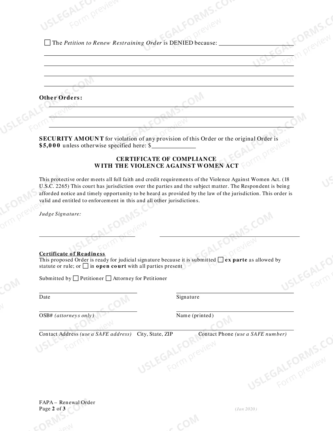 Preview Motion - Affidavit and Order Renewing FAPA Restraining Order