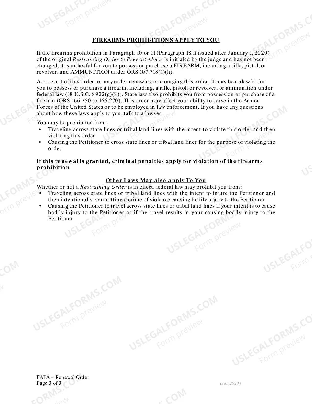 Preview Motion - Affidavit and Order Renewing FAPA Restraining Order