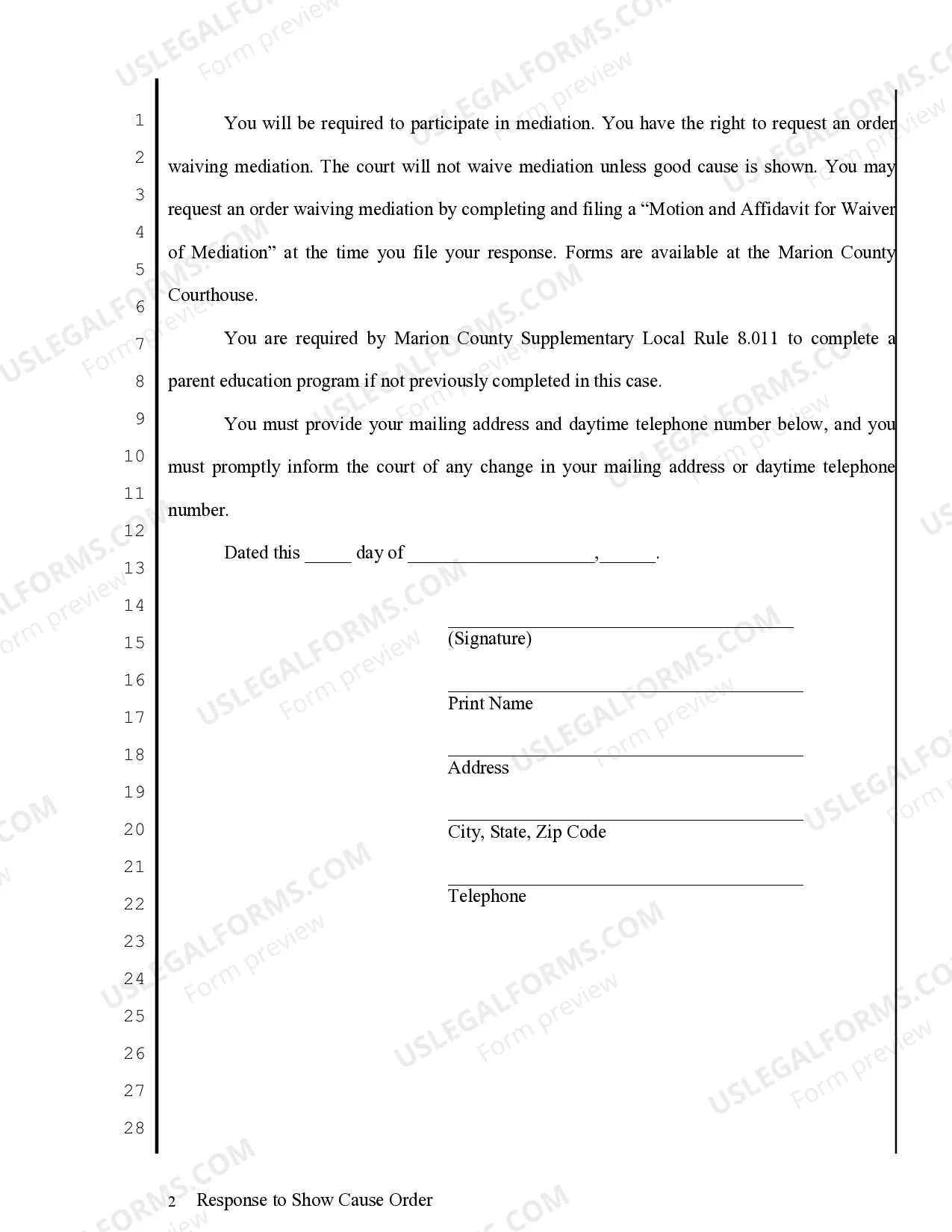 Preview Response to Show Cause Order