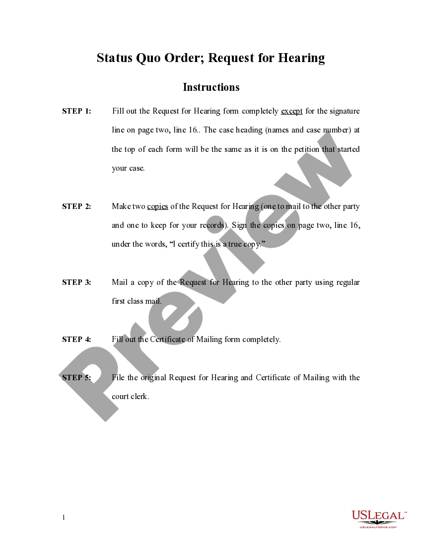 Oregon Instructions for Status Quo Order Status Quo Order Divorce