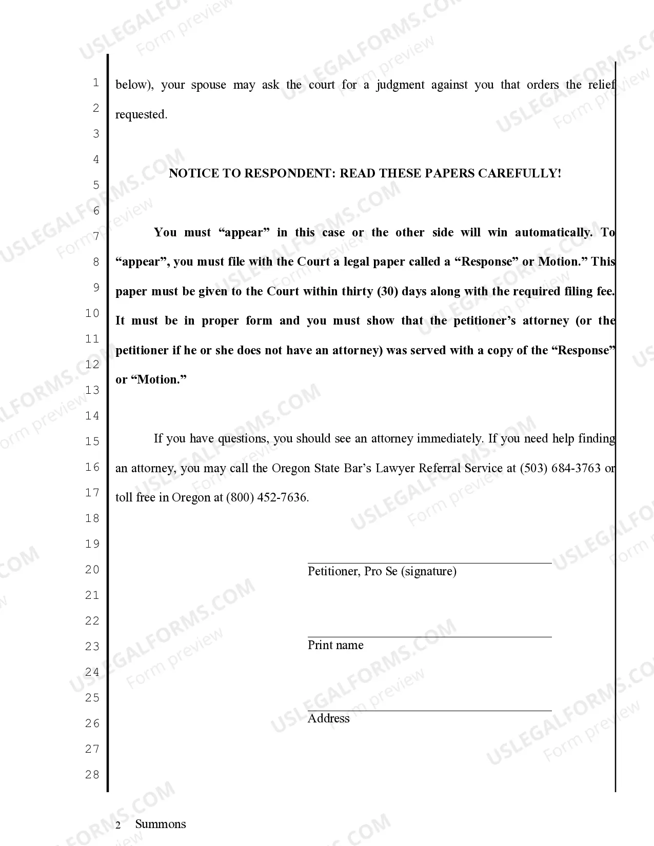 Preview Summons regarding Marriage Dissolution