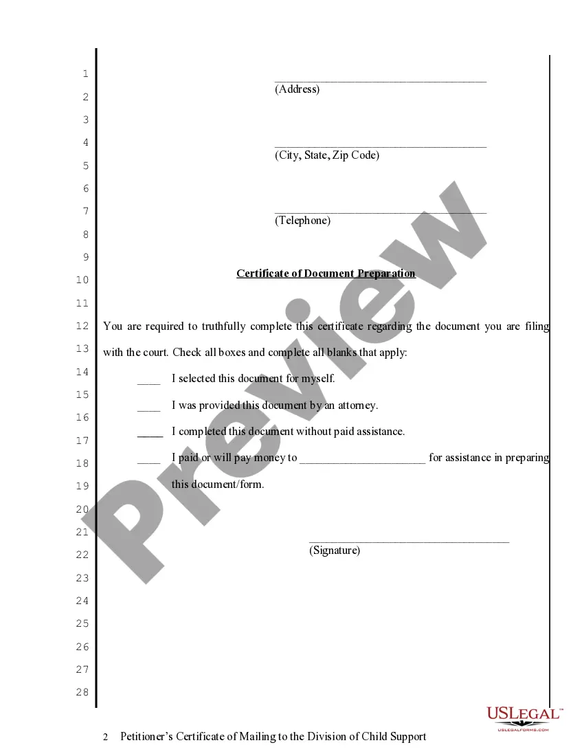 Preview Petitioner's Certificate of Mailing to Child Support Division