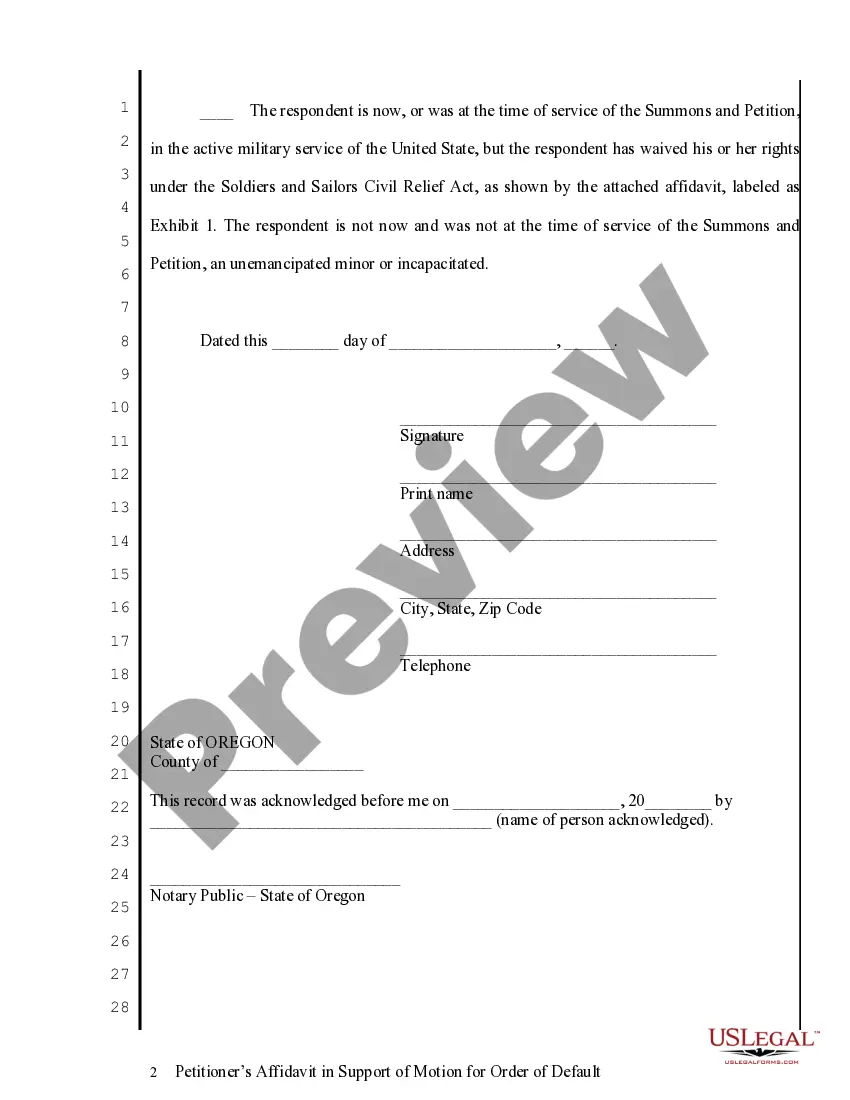 Preview Petitioners Affidavit in Support of Motion for Order of Default