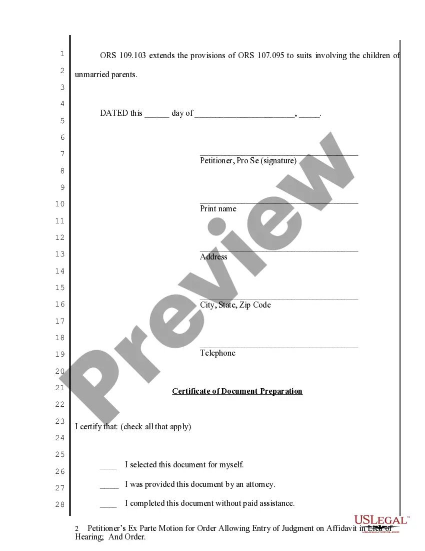 Get Petitioner's Ex Parte Motion for Order allowing Entry of Judgment on Affidavit in lieu of Hearing and Order Preview Petitioner's Ex Parte Motion for Order allowing Entry of Judgment on Affidavit in lieu of Hearing and Order