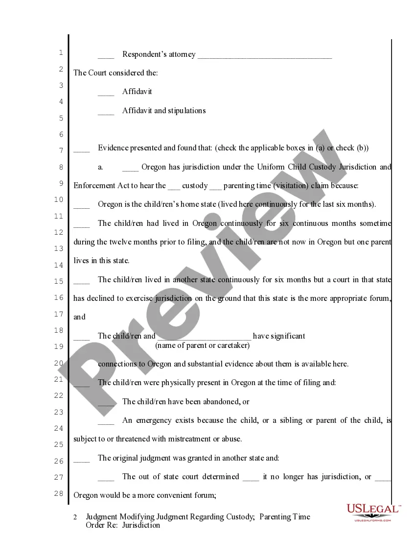 Get Judgment Modifying Judgment regarding Custody - Parenting Time - Jurisdiction Order Preview Judgment Modifying Judgment regarding Custody - Parenting Time - Jurisdiction Order
