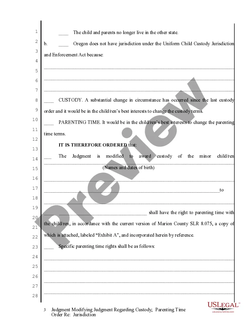 Get Judgment Modifying Judgment regarding Custody - Parenting Time - Jurisdiction Order Preview Judgment Modifying Judgment regarding Custody - Parenting Time - Jurisdiction Order