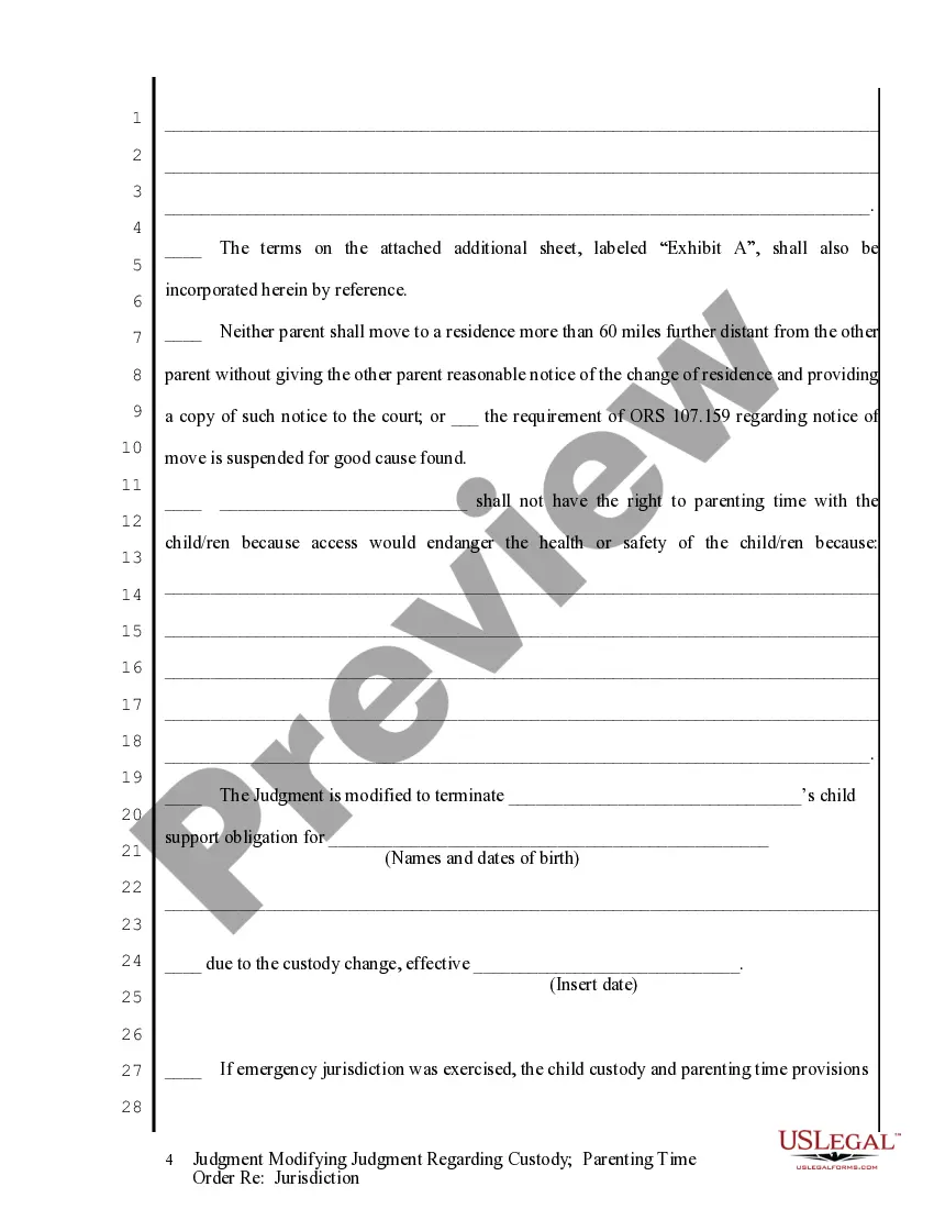 Get Judgment Modifying Judgment regarding Custody - Parenting Time - Jurisdiction Order Preview Judgment Modifying Judgment regarding Custody - Parenting Time - Jurisdiction Order