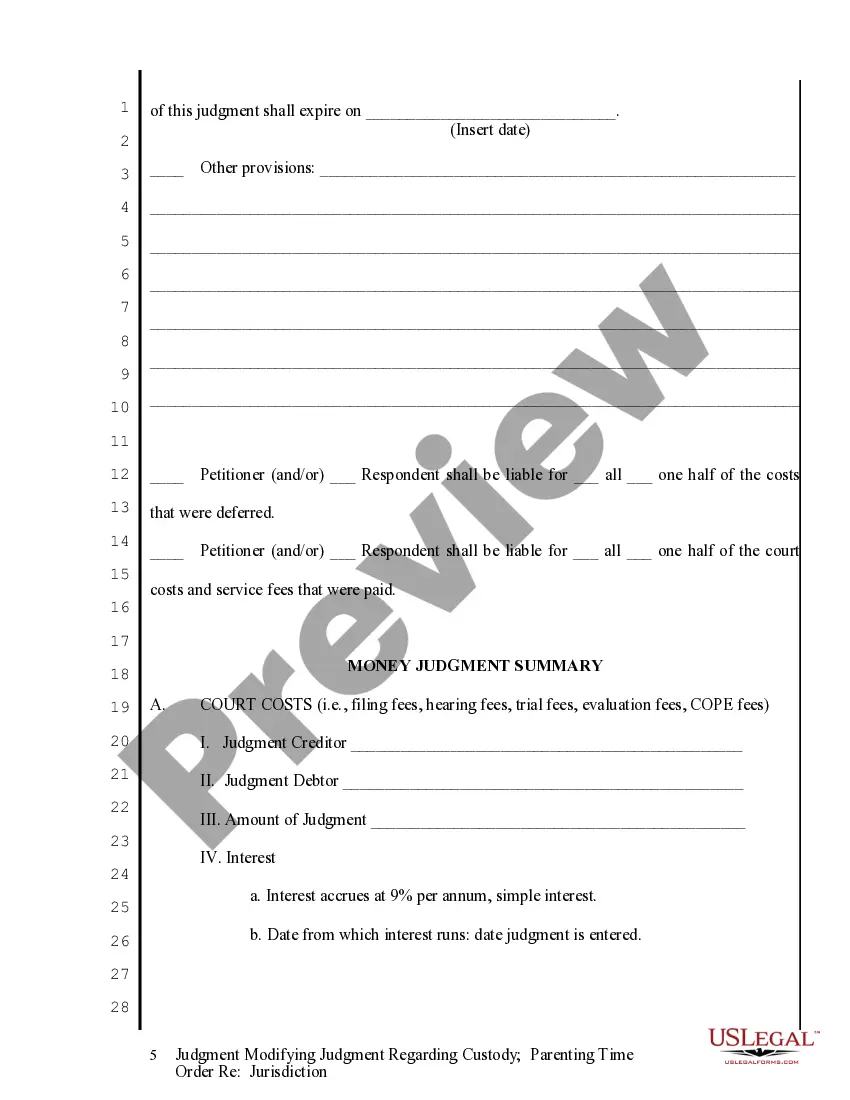 Get Judgment Modifying Judgment regarding Custody - Parenting Time - Jurisdiction Order Preview Judgment Modifying Judgment regarding Custody - Parenting Time - Jurisdiction Order