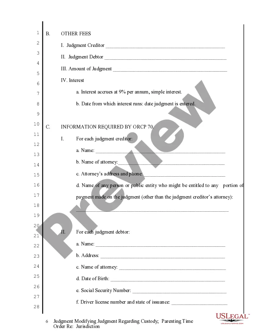 Get Judgment Modifying Judgment regarding Custody - Parenting Time - Jurisdiction Order Preview Judgment Modifying Judgment regarding Custody - Parenting Time - Jurisdiction Order