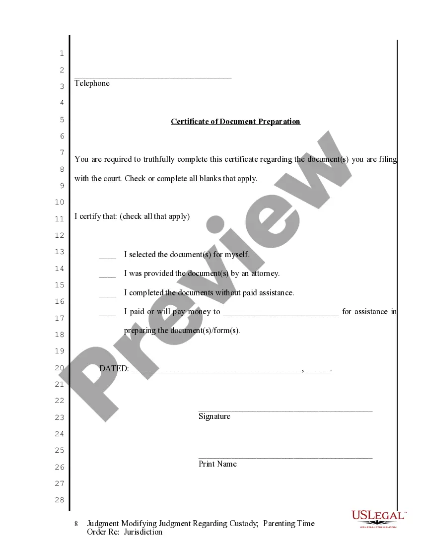 Get Judgment Modifying Judgment regarding Custody - Parenting Time - Jurisdiction Order Preview Judgment Modifying Judgment regarding Custody - Parenting Time - Jurisdiction Order