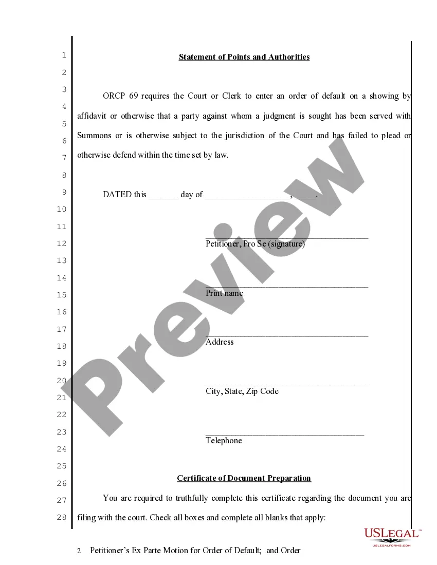 Preview Petitioner's Ex Parte Motion for Order of Default and Order