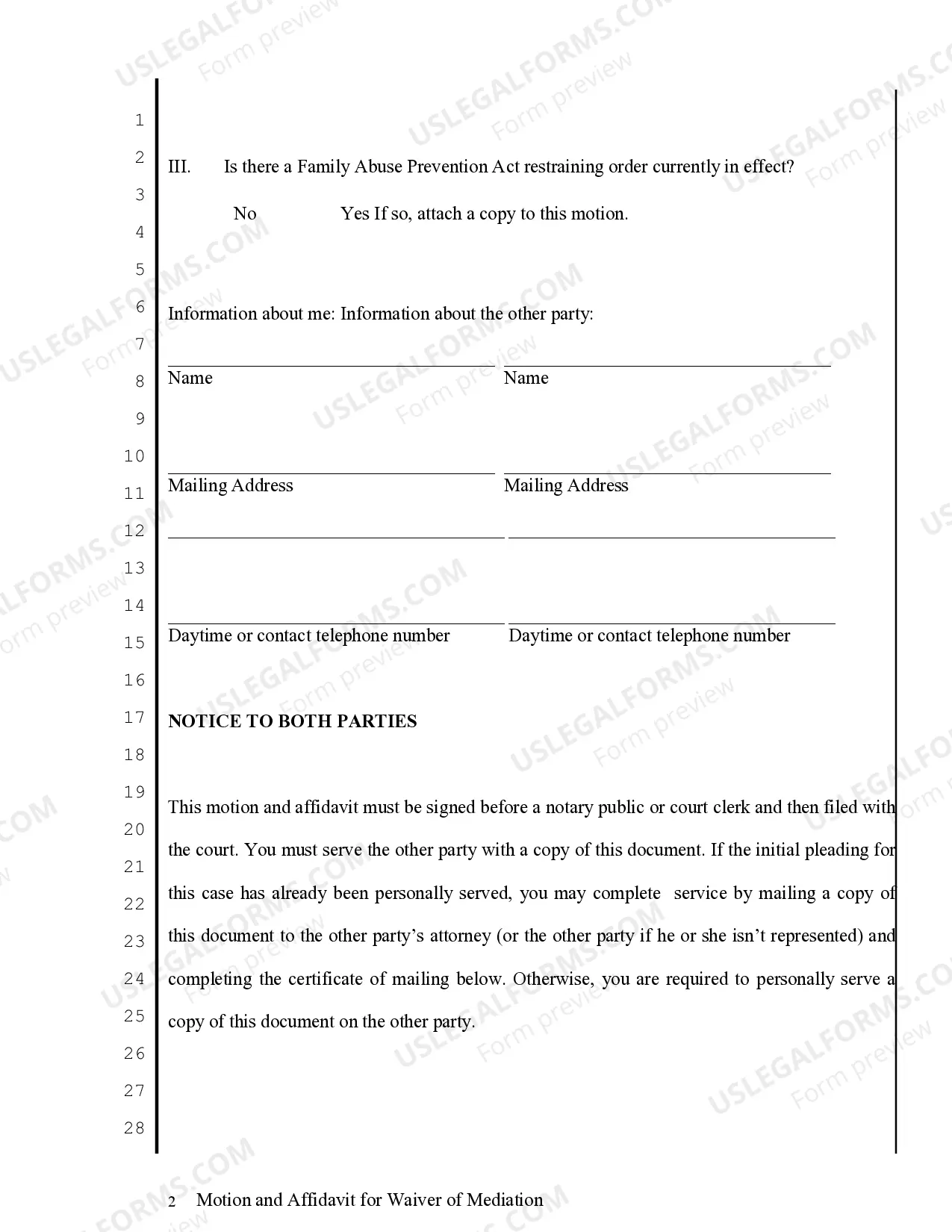 Preview Motion and Affidavit for Waiver of Mediation