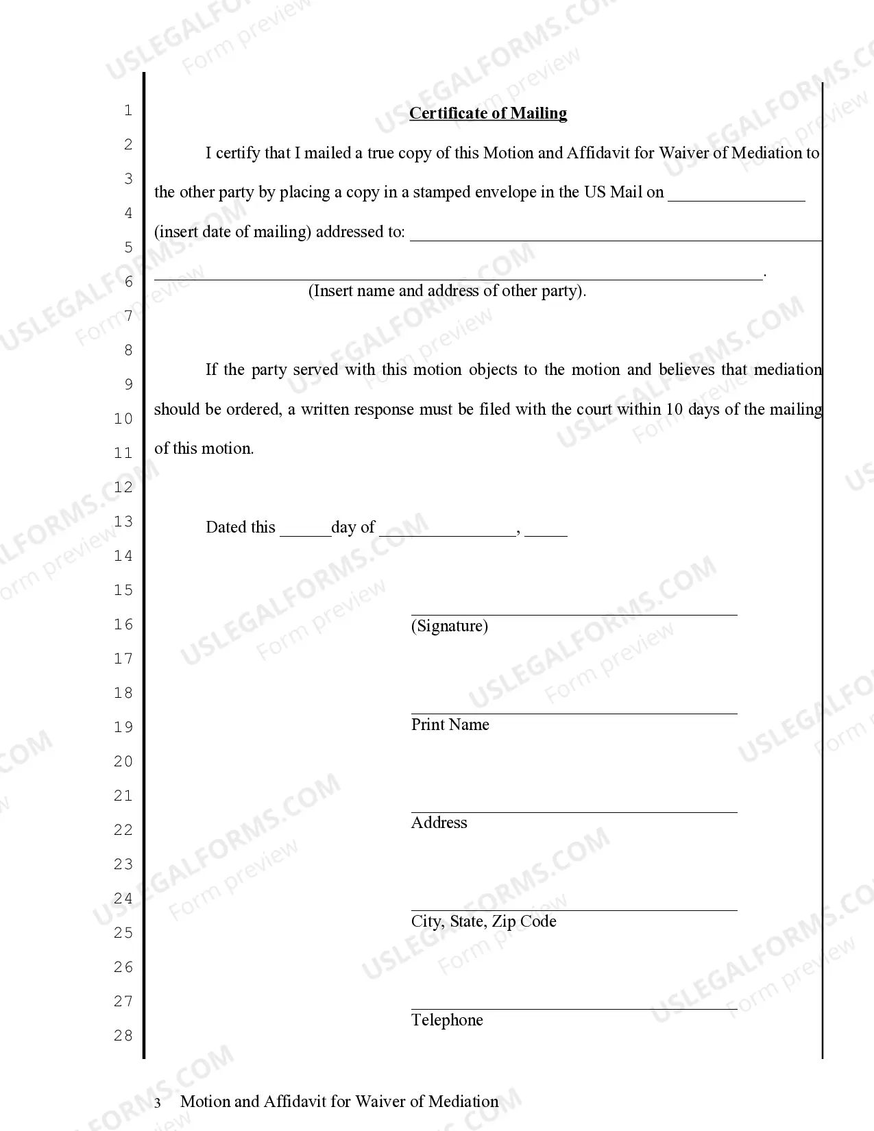 Preview Motion and Affidavit for Waiver of Mediation