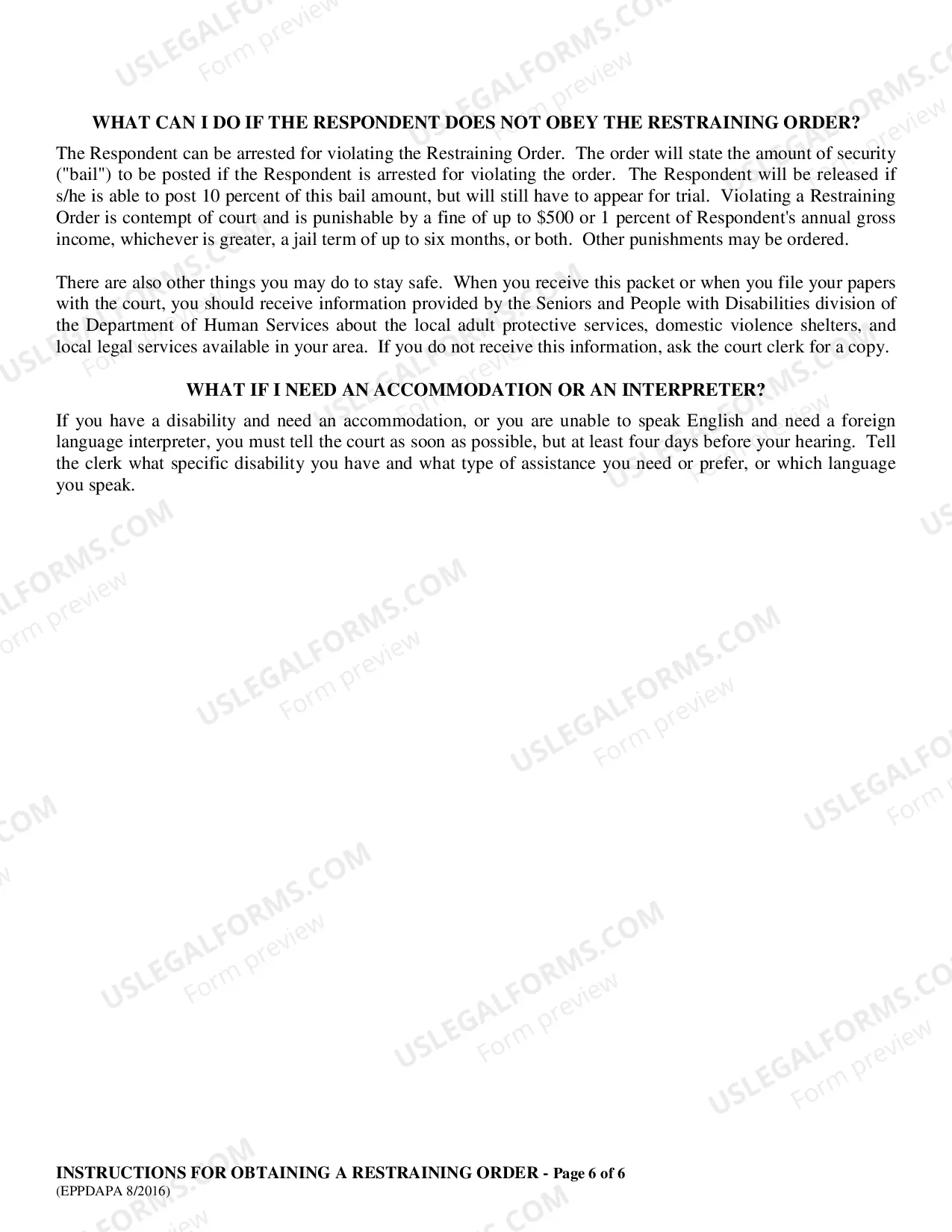 Preview Elder Abuse Prevention Act - EAPA Instructions for Obtaining a Restraining Order