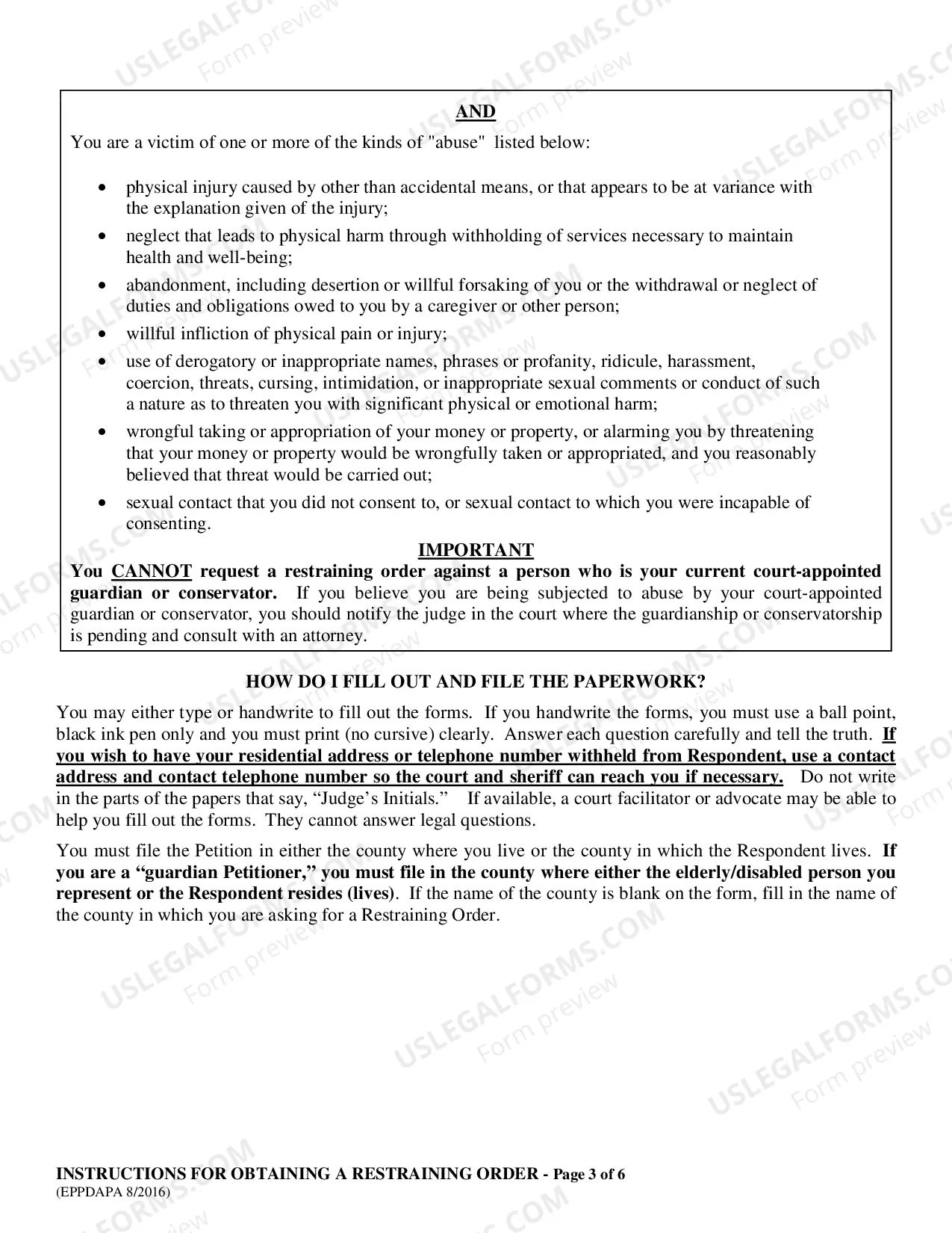 Preview Elder Abuse Prevention Act - EAPA Instructions for Obtaining a Restraining Order