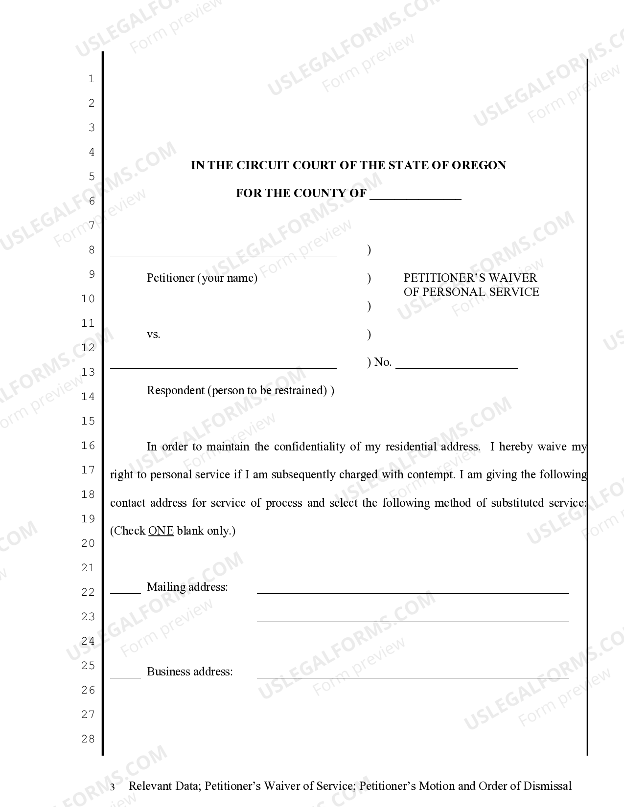 Restraining Order Service Form Oregon Relevant Data sheet - Restraining Order - Petitioner's Waiver of ...