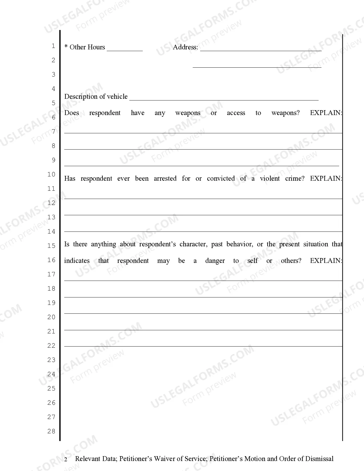 Preview Relevant Data sheet - Restraining Order - Petitioner's Waiver of Service, Motion and Order of Dismissal