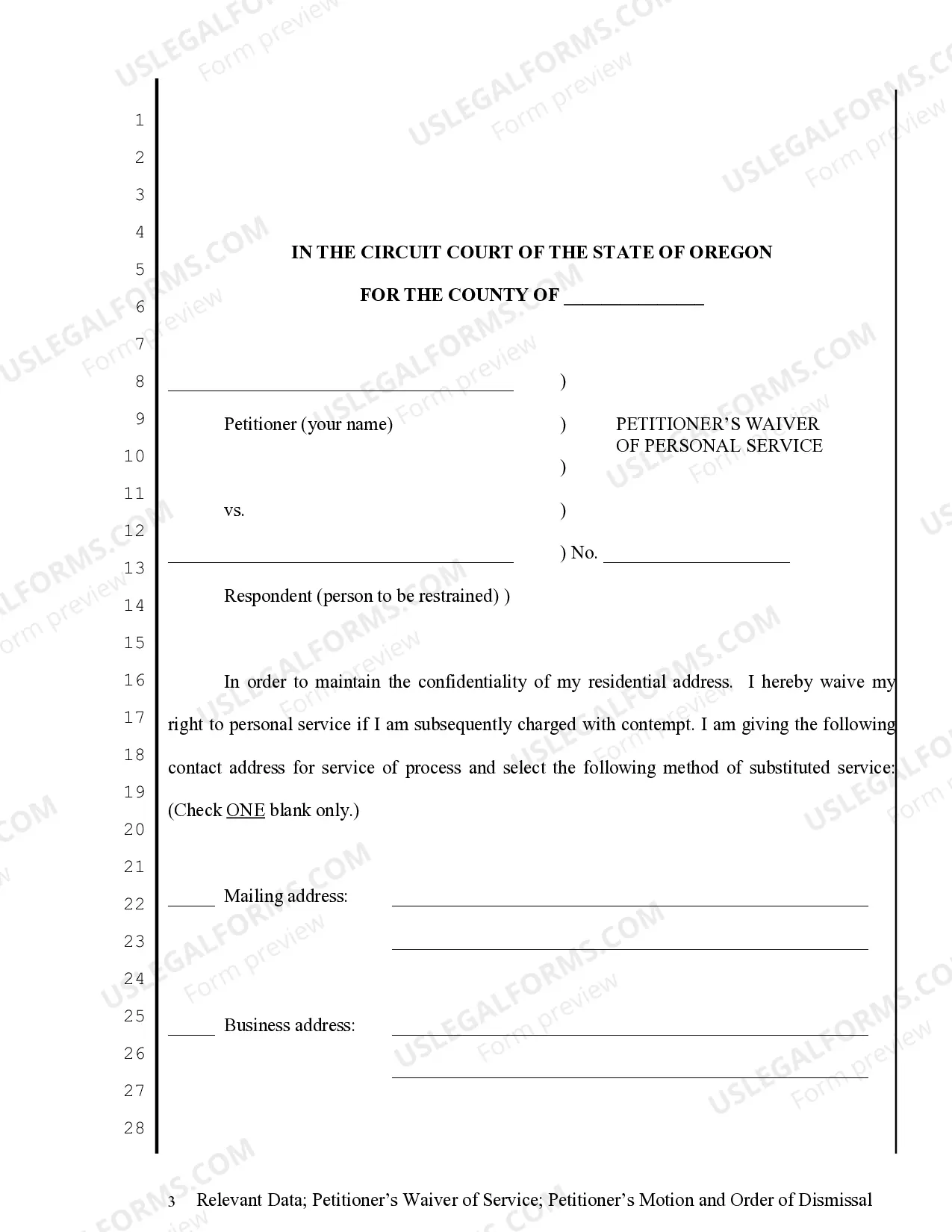 Preview Relevant Data sheet - Restraining Order - Petitioner's Waiver of Service, Motion and Order of Dismissal