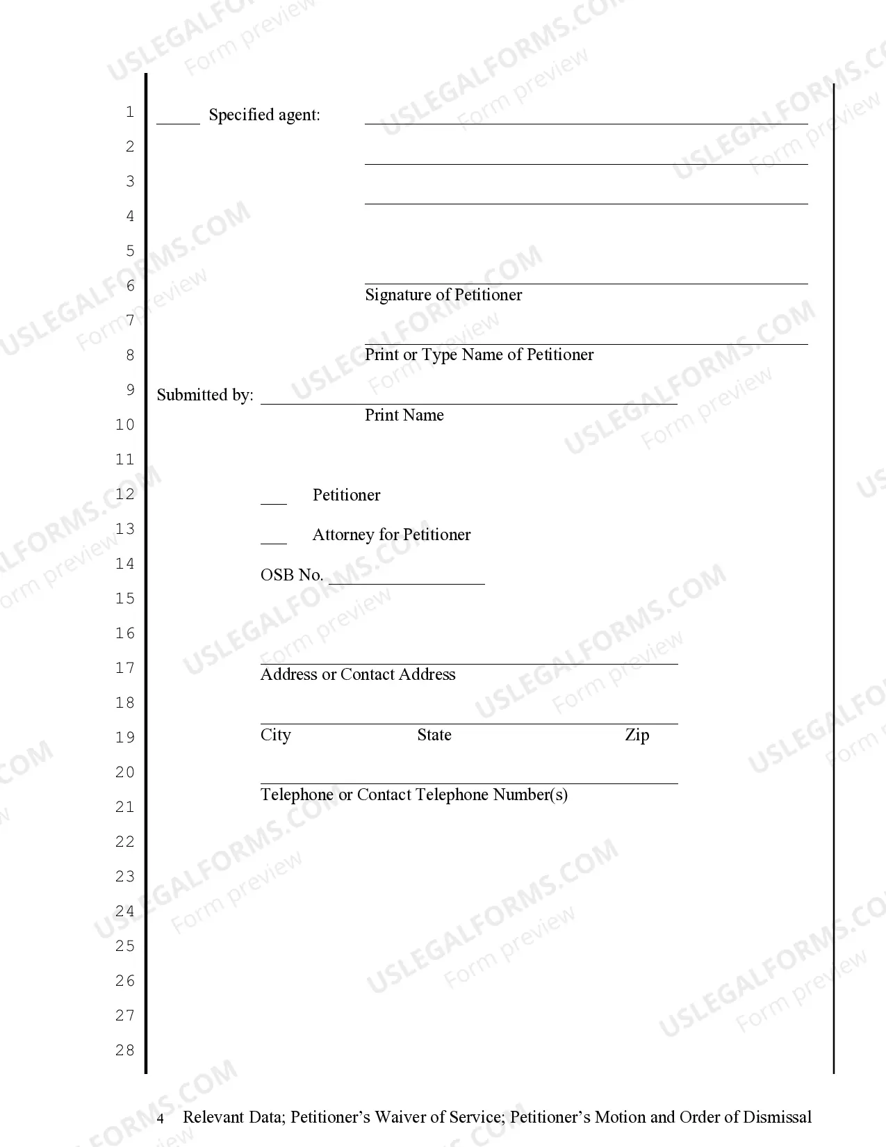 Preview Relevant Data sheet - Restraining Order - Petitioner's Waiver of Service, Motion and Order of Dismissal