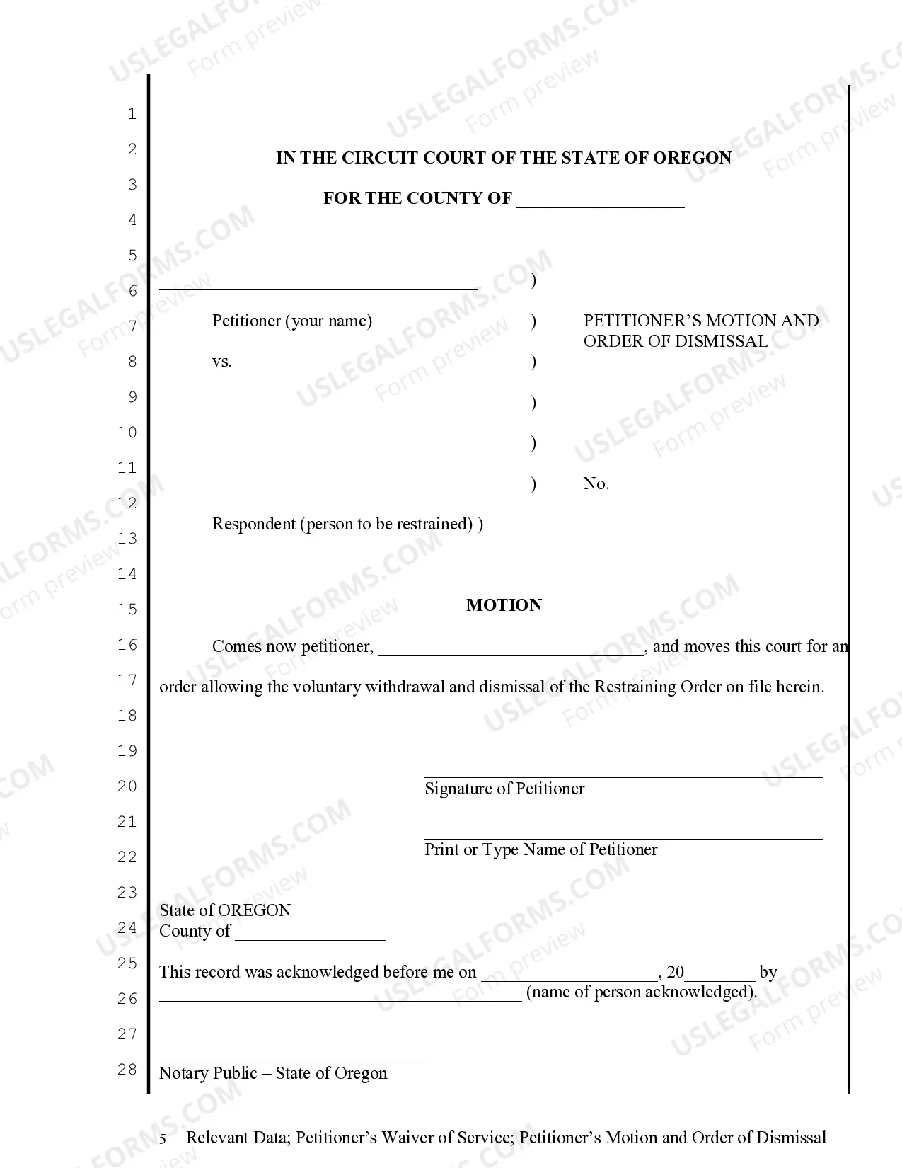 Preview Relevant Data sheet - Restraining Order - Petitioner's Waiver of Service, Motion and Order of Dismissal