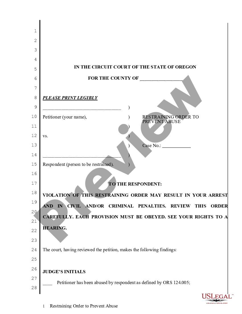 Oregon Restraining Order to Prevent Abuse US Legal Forms