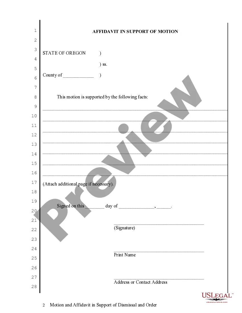 Preview Motion and Affidavit in Support of Dismissal and Order
