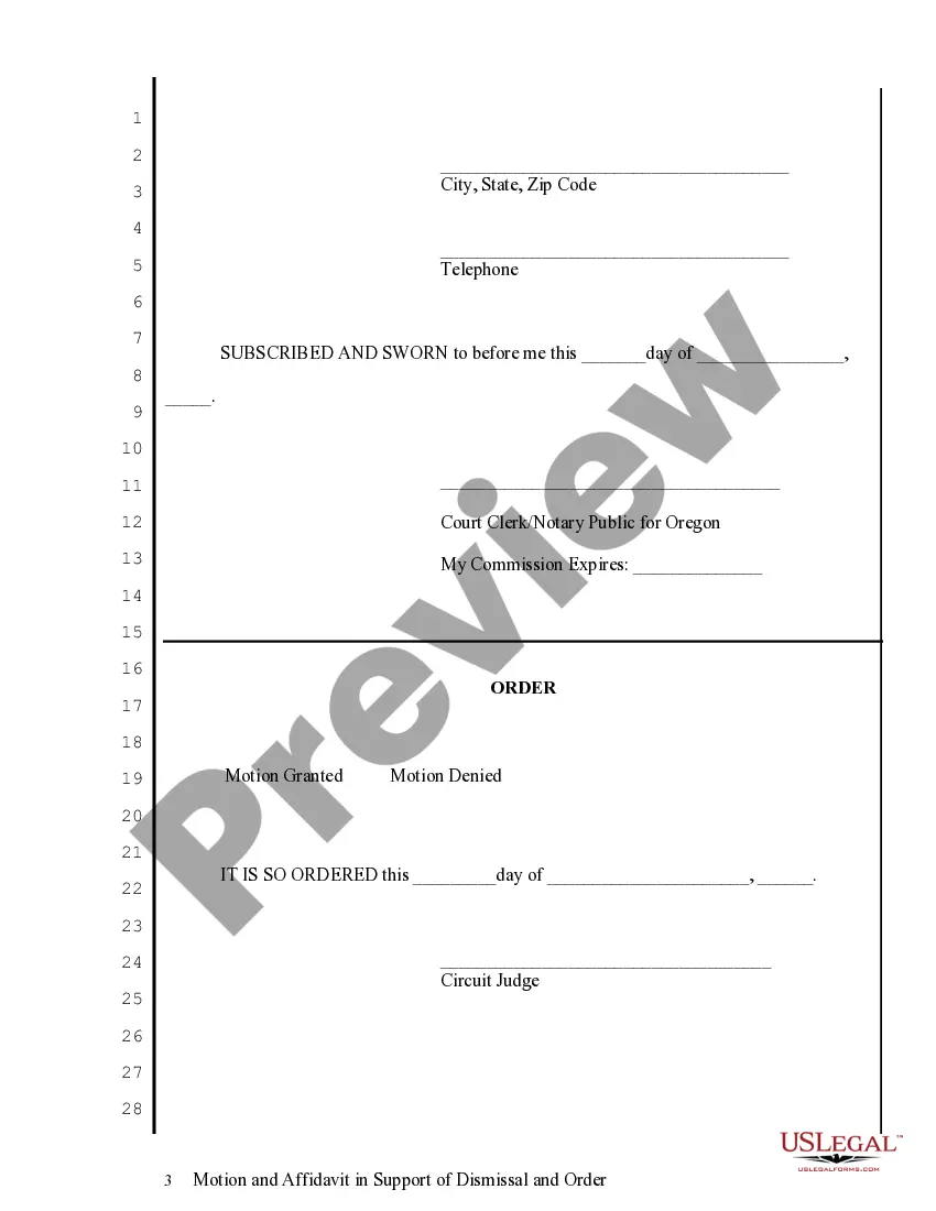 Preview Motion and Affidavit in Support of Dismissal and Order