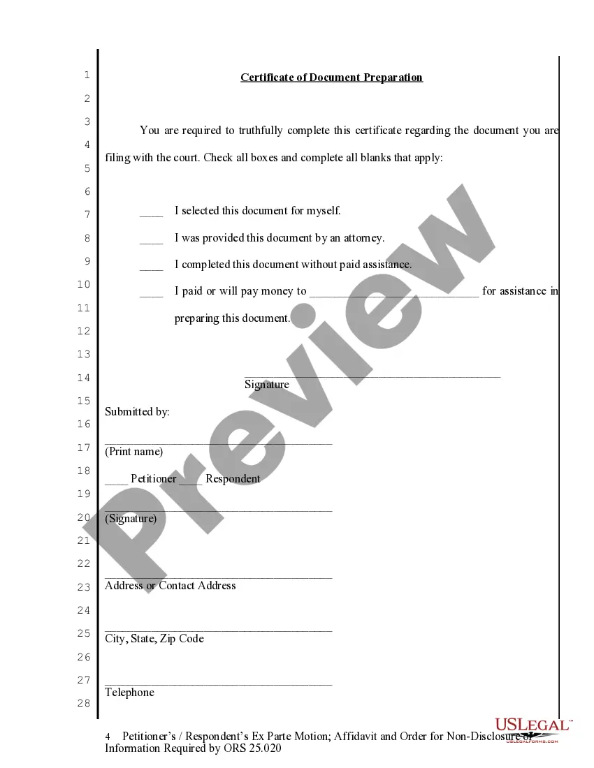 Get Petitioner's - Respondent's Ex Parte Motion - Affidavit and Order for Non Disclosure of Info Preview Petitioner's - Respondent's Ex Parte Motion - Affidavit and Order for Non Disclosure of Info