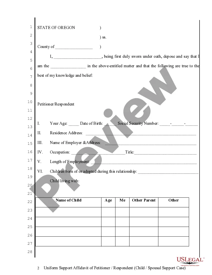 Get Uniform Support Affidavit - Child Spousal Support Preview Uniform Support Affidavit - Child Spousal Support