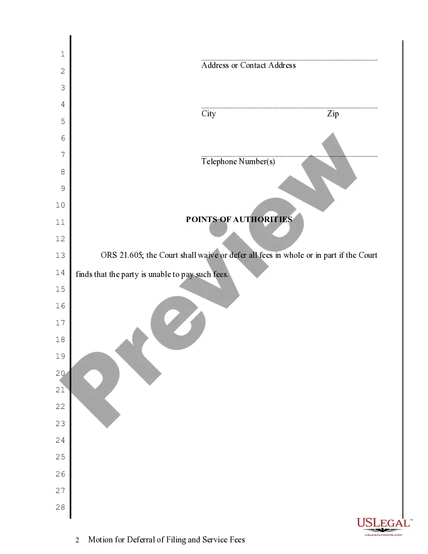 Preview Motion for Deferral of Filing and Service Fees