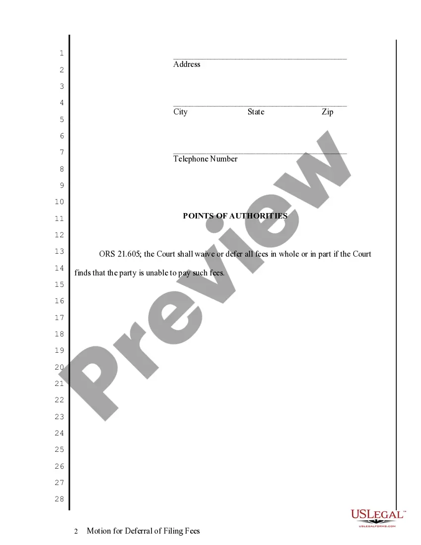 Preview Motion for Deferral of Filing Fees