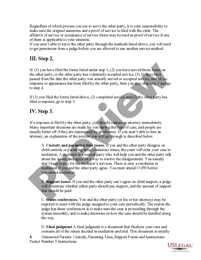 Get Unmarried Parents - Custody - Support - Forms and Instructions - Packet 5 Preview Unmarried Parents - Custody - Support - Forms and Instructions - Packet 5