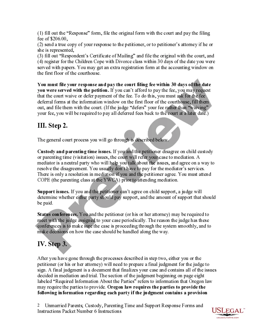 Preview Instructions for Unmarried Parents regarding Custody Parenting Time and Forms Packet 7