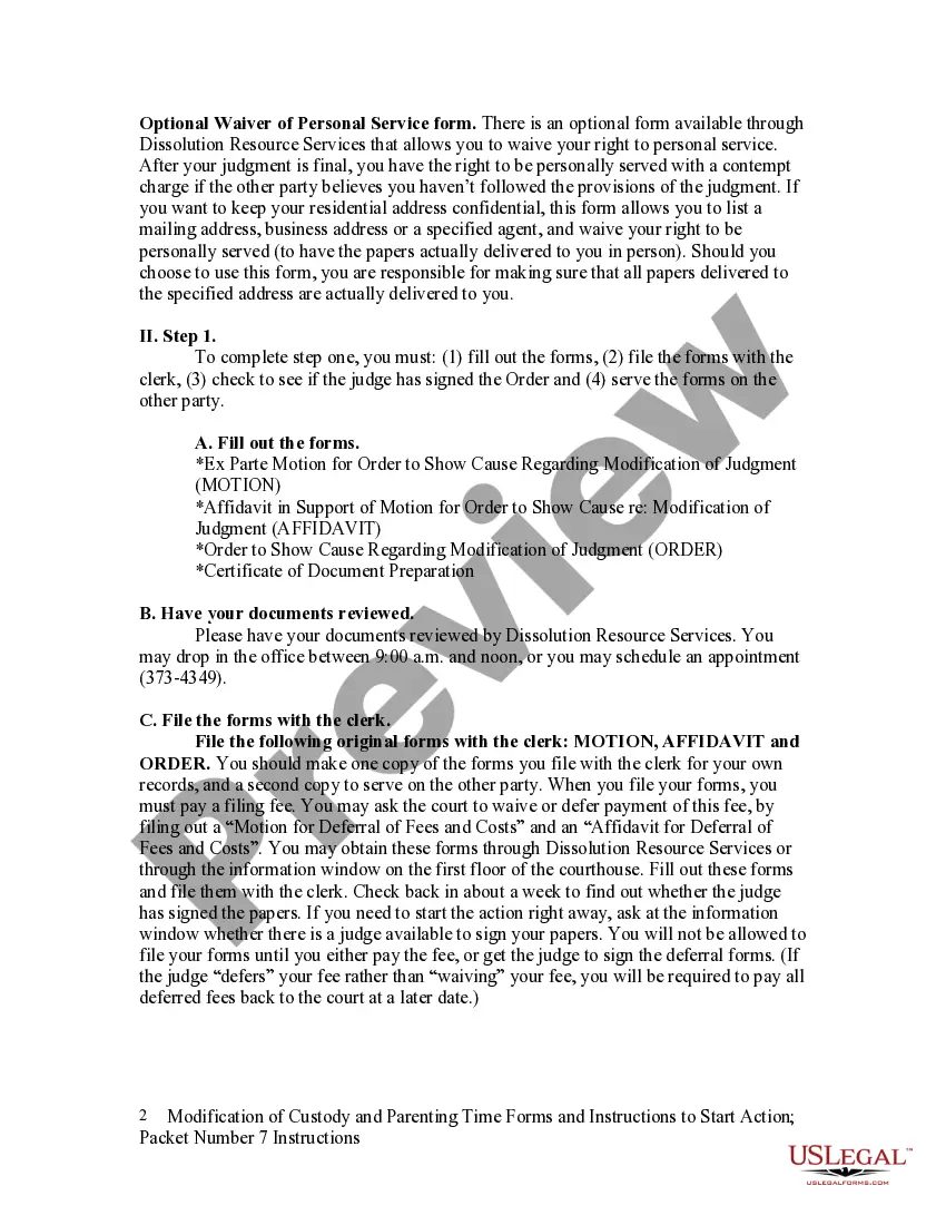 Get Modification of Custody and Parenting Time Forms and Instructions to Start Action - Packet 7 Preview Modification of Custody and Parenting Time Forms and Instructions to Start Action - Packet 7