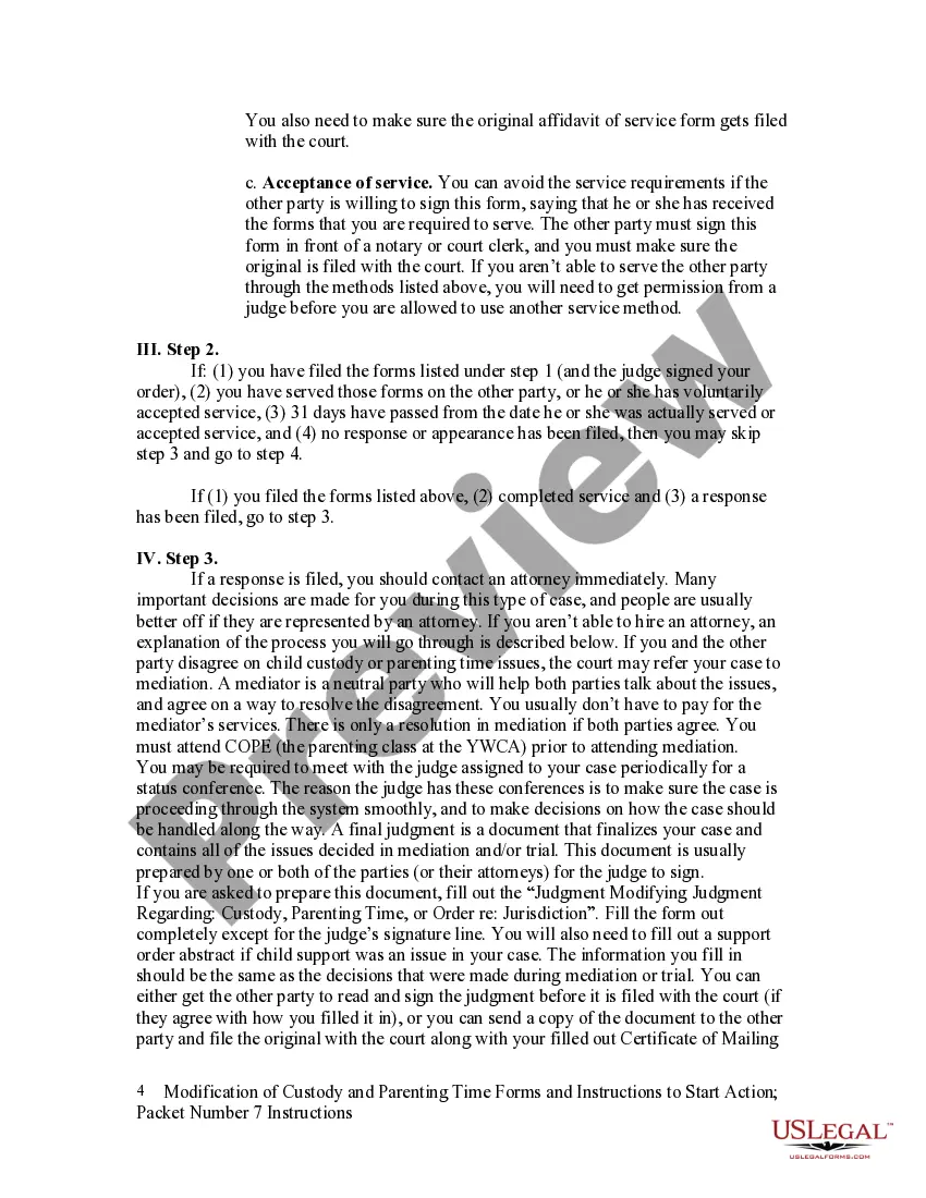 Get Modification of Custody and Parenting Time Forms and Instructions to Start Action - Packet 7 Preview Modification of Custody and Parenting Time Forms and Instructions to Start Action - Packet 7