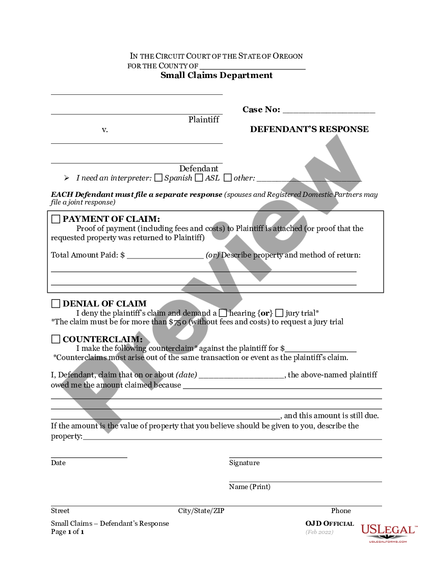 Oregon Defendant Response Small Claims | US Legal Forms