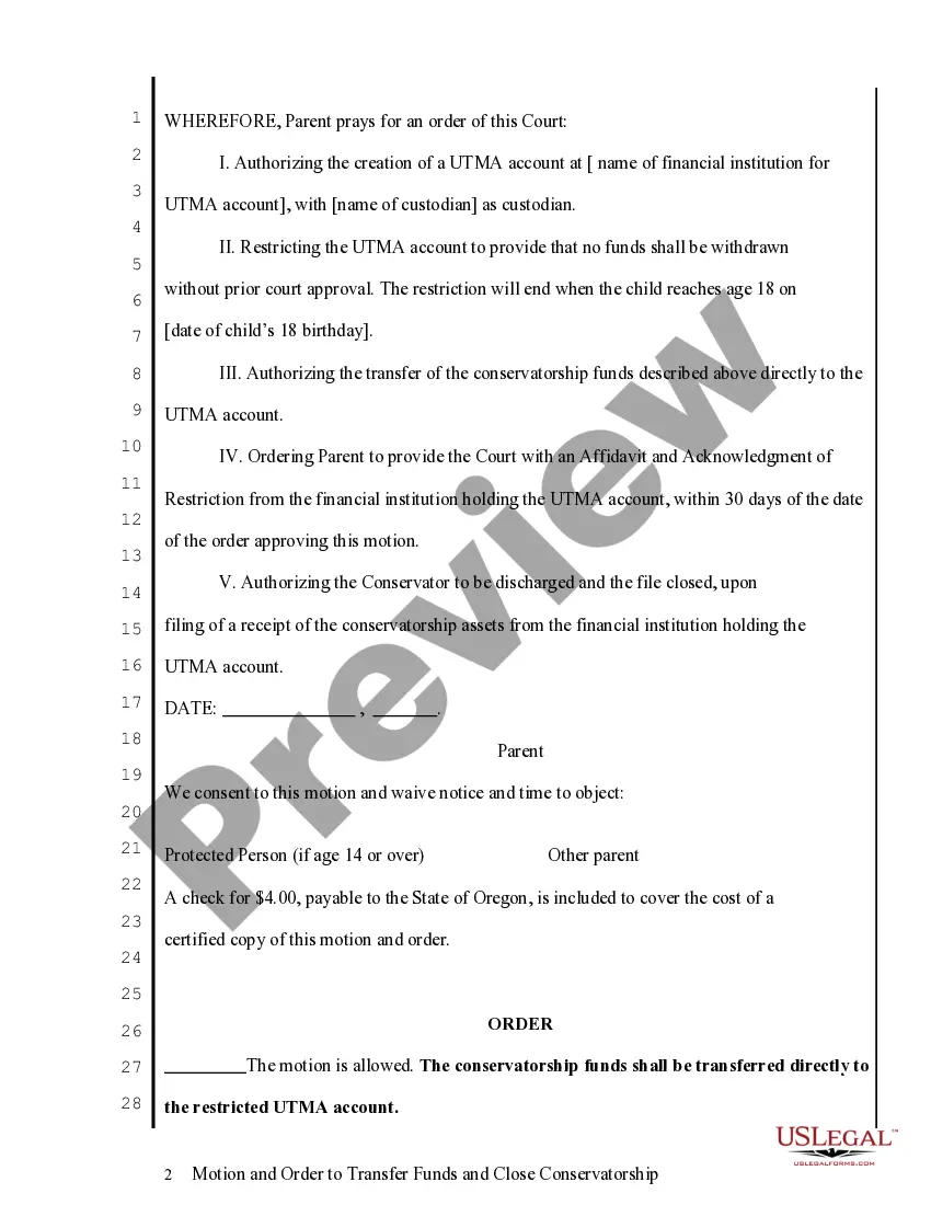 Preview Motion and Order to Transfer Funds and Close Conservatorship