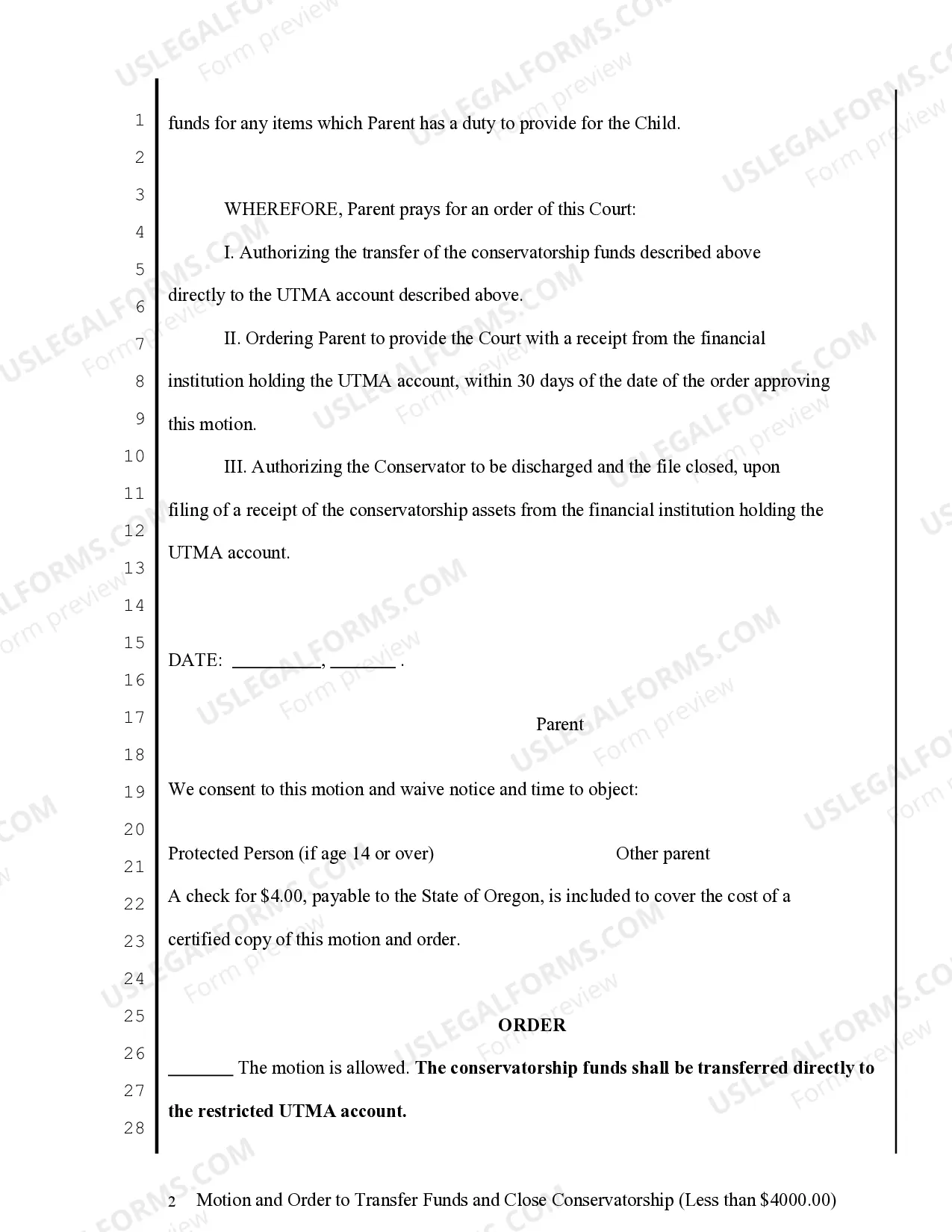 Preview Motion and Order to Transfer Funds and Close Conservatorship less than $4K