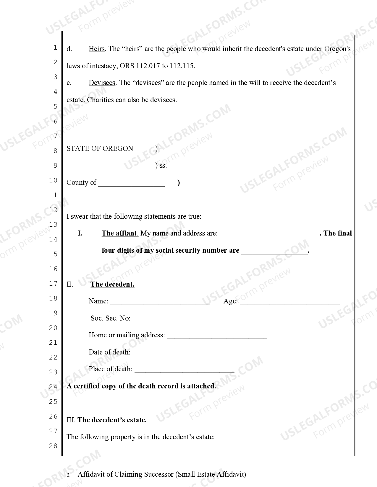 Oregon Small Estate Affidavit for Estates under 75,000 Personal 200