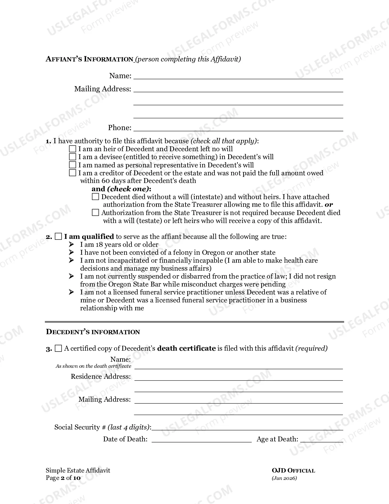 Preview Small Estate - Simple Estate Affidavit for Estates under $75,000 Personal Property - $200,000 Real Property