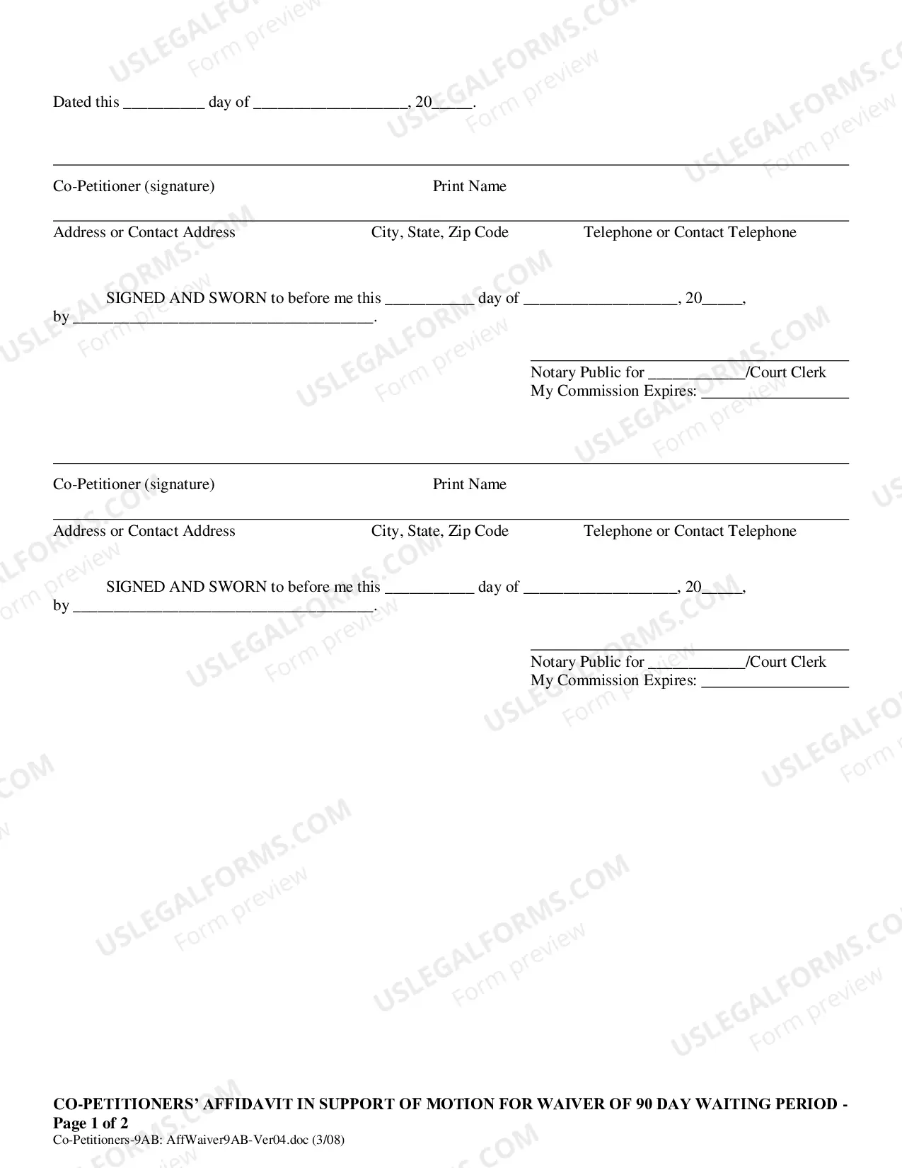 Preview Co-Petitioners' (with no or adult children) Affidavit in Support of Motion for Waiver of 90 Day Waiting Period