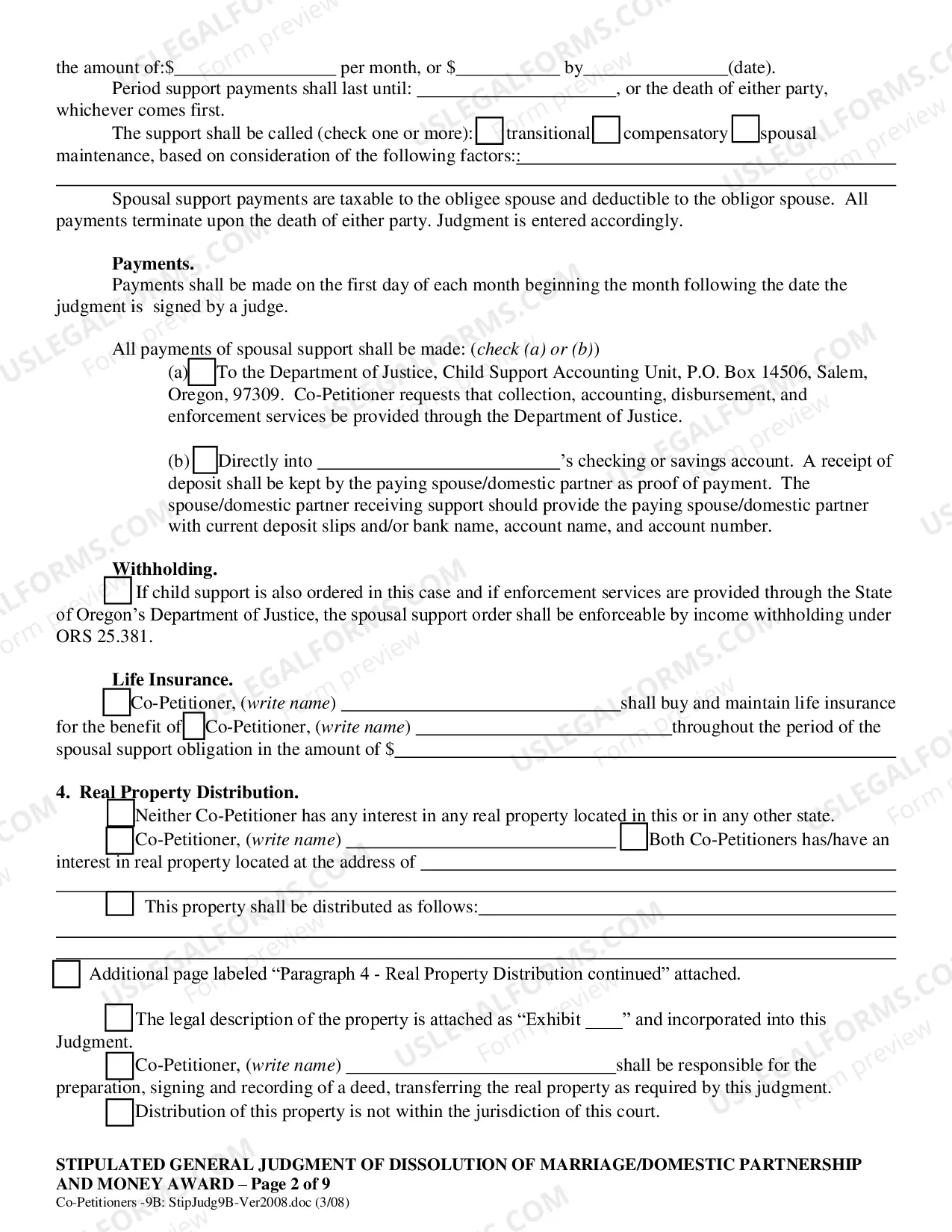 Preview Co-Petitioner Stipulated General Judgment of Dissolution of Marriage and Money Award