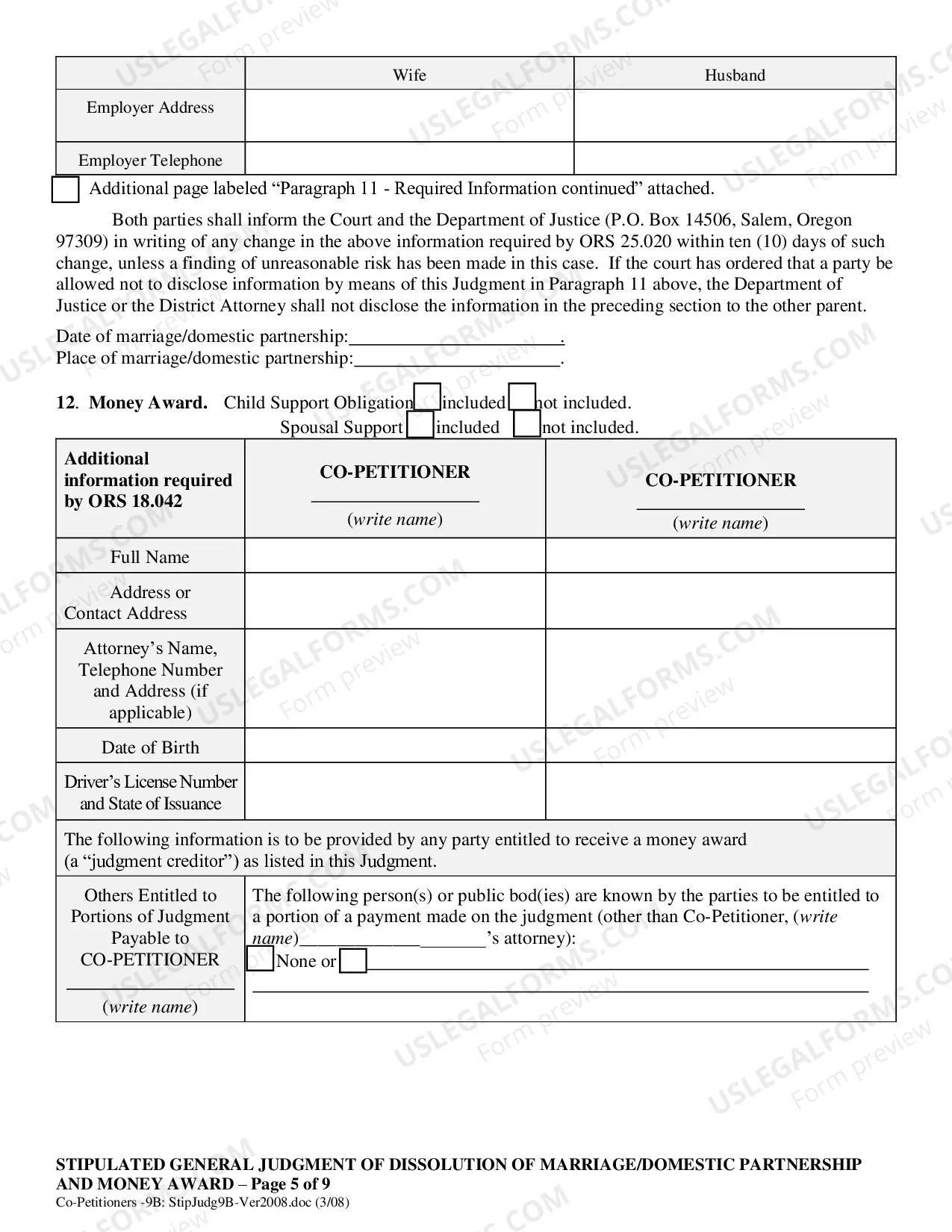 Preview Co-Petitioner Stipulated General Judgment of Dissolution of Marriage and Money Award