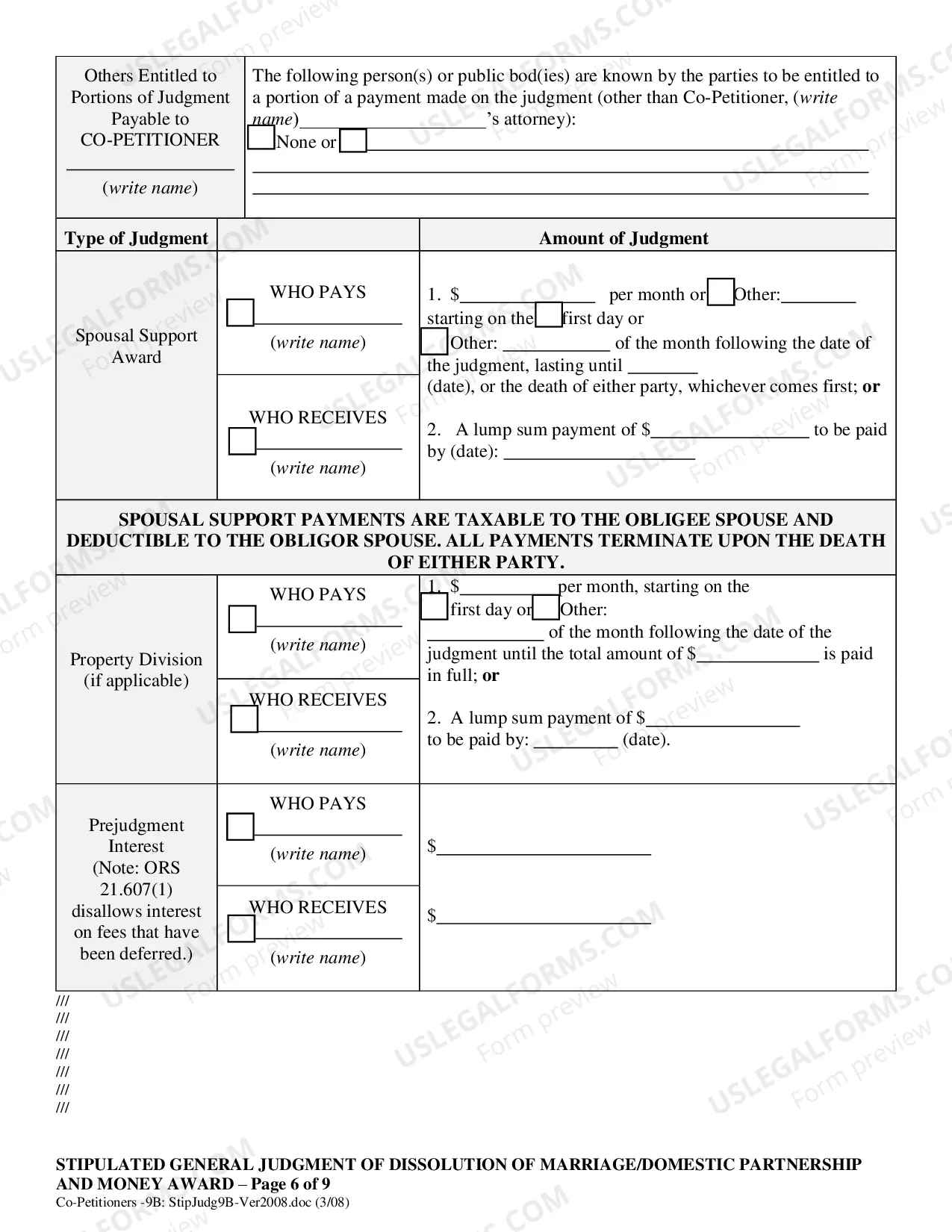 Preview Co-Petitioner Stipulated General Judgment of Dissolution of Marriage and Money Award